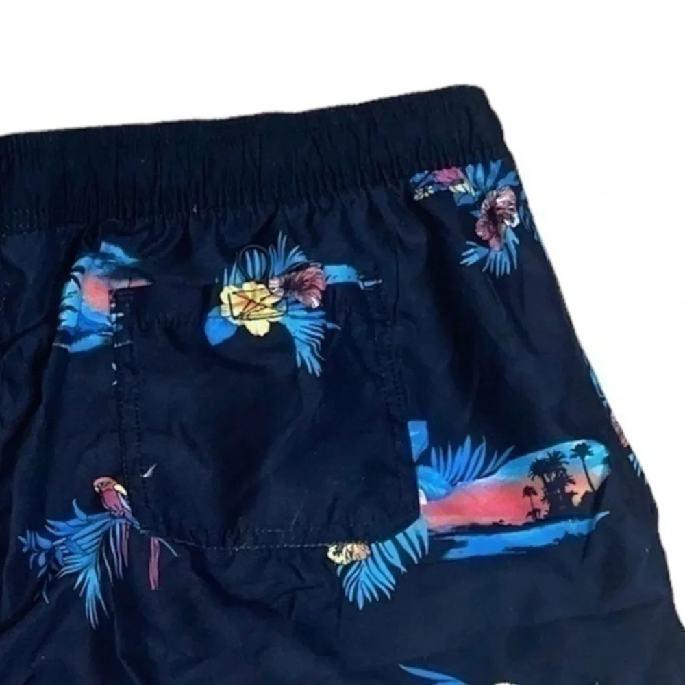 Burnside Parakeet Black and Blue Tropical Print Swim Trunks -Size XL
